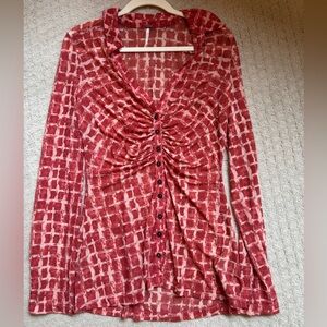 Free People Mesh Sheet Red and White Button-Up Long Sleeve Top